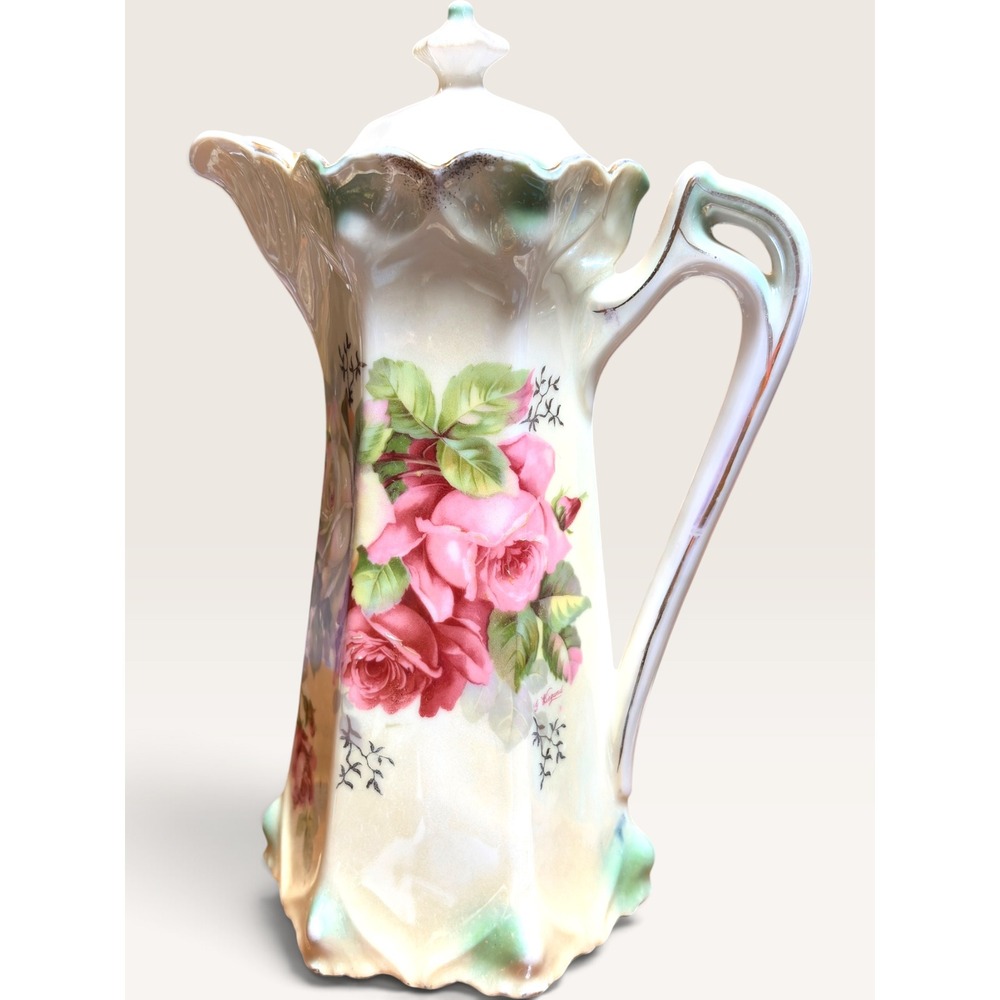 Antique Germany G Wiegand Pink Rose Luster Glaze Porcelain Chocolate Pot Teapot
